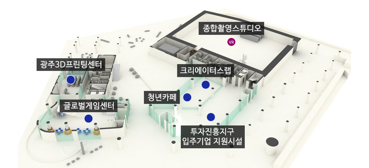 1층 위치안내도 광주3D프린팅센터, 글로벌게임센터, 투자진흥지구 입주기업 지원시설, 청년카페, 크리에이터스랩, 종합촬영스튜디오가 위치해 있습니다.